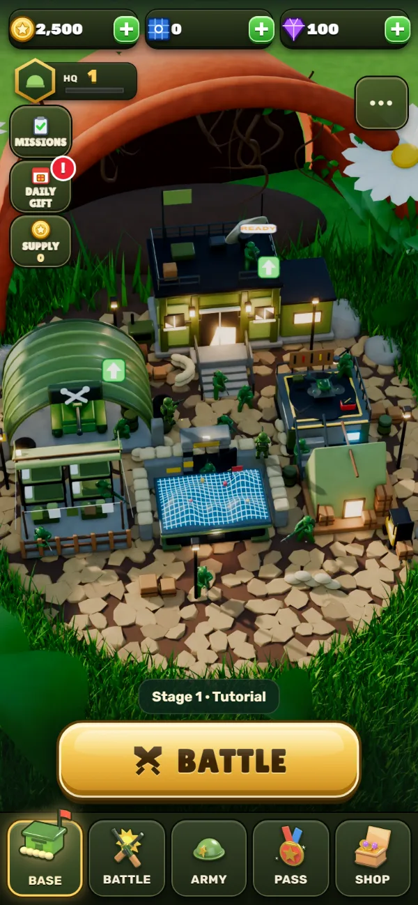 Home base screen with headquarters, garage and helipad under a flowerpot.